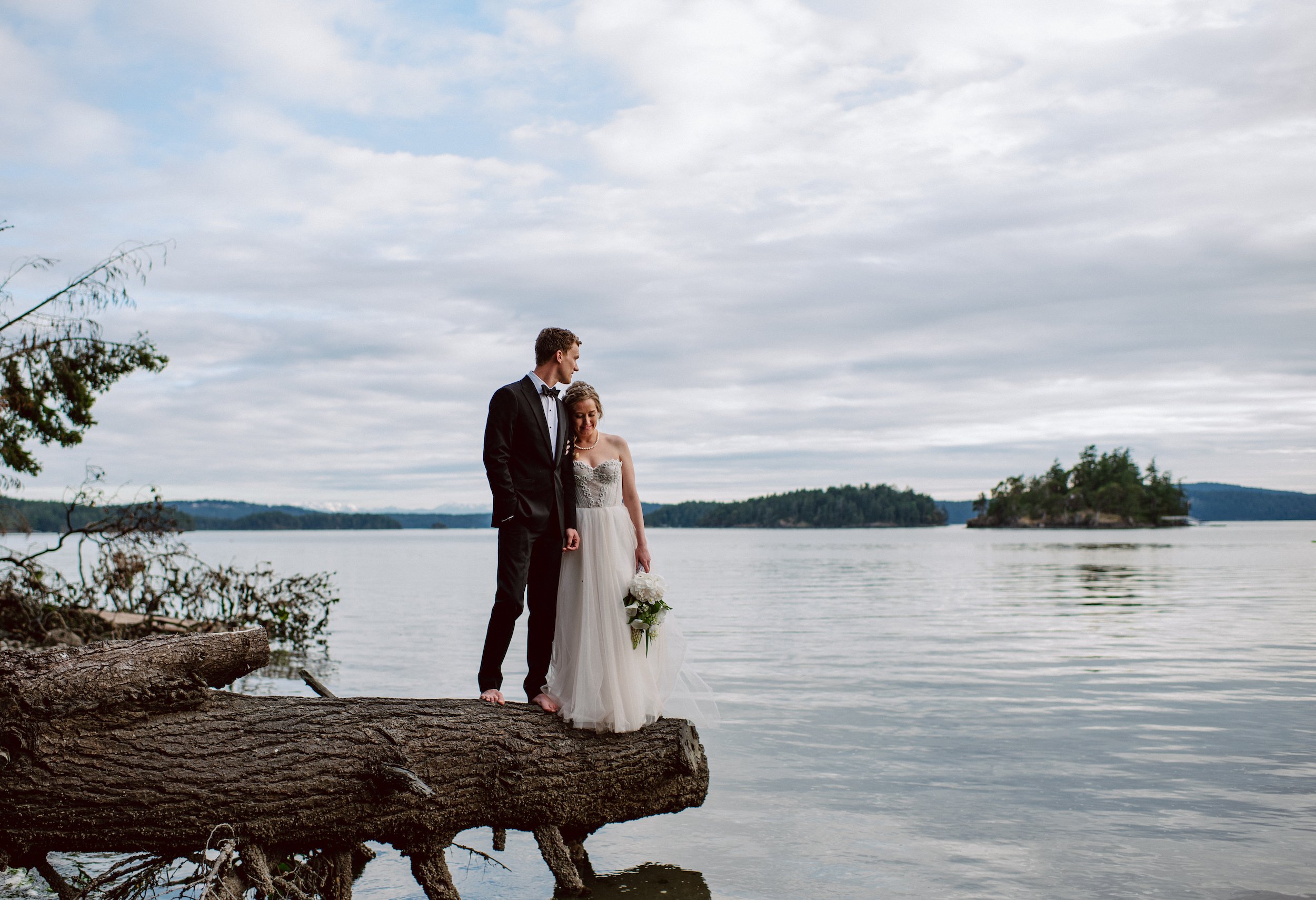 Groom and bride standing on log with ocean and islands behind them and mountains in the distance