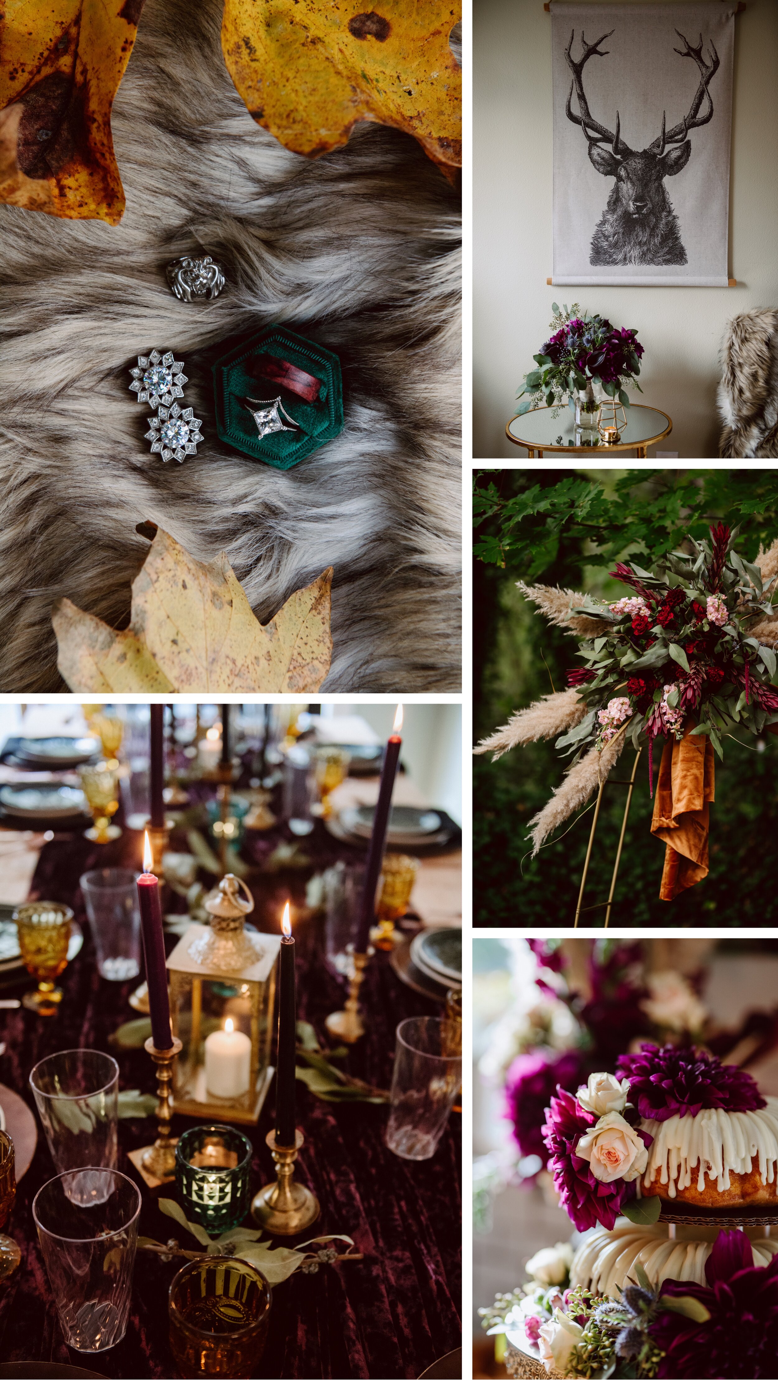 Wedding day details including diamond ring and starburst earrings, candlelit table setting, and florals in jewel tones of red, purple, and green