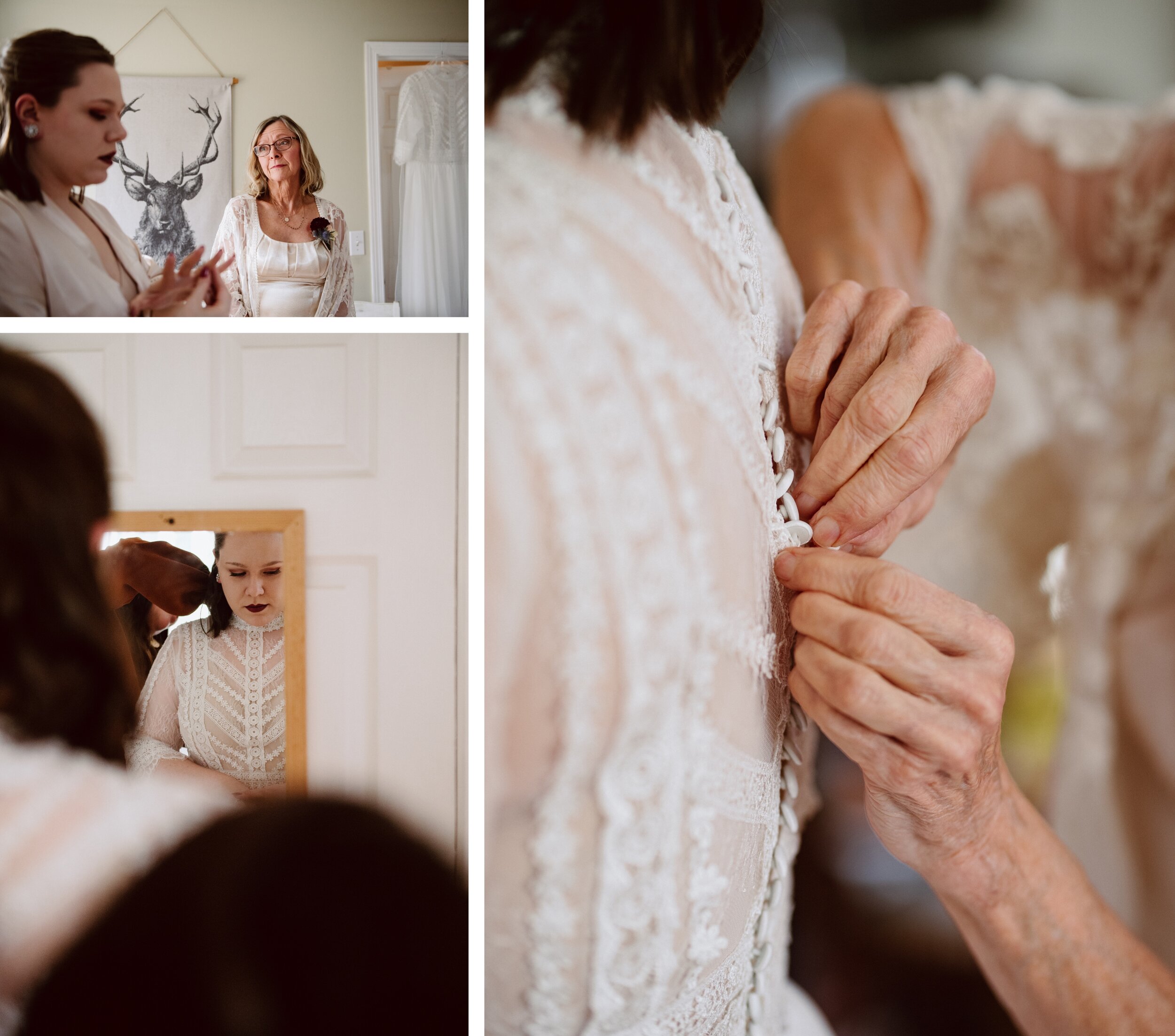 Bride getting into her lace dress with the help of her mother