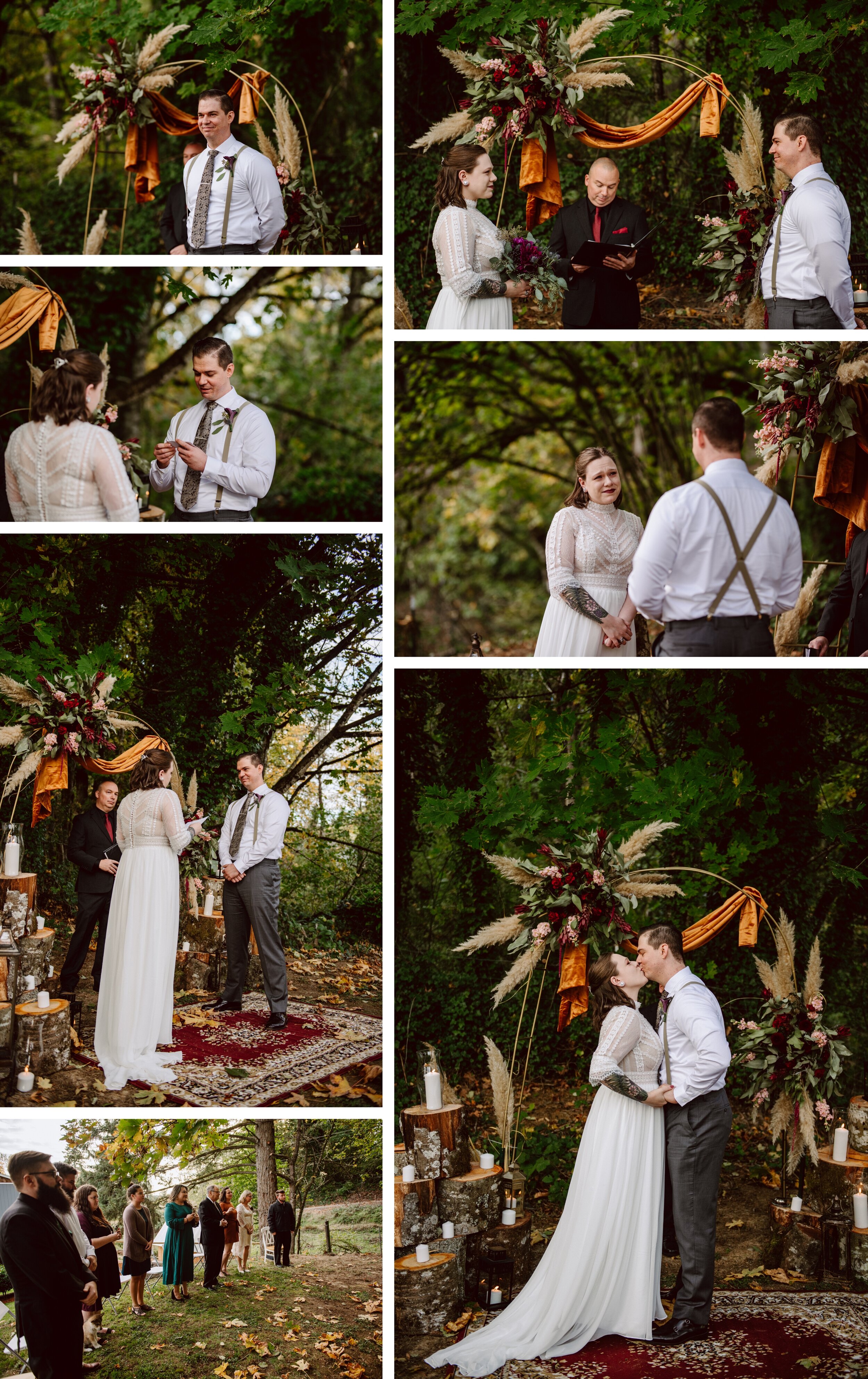 Fall backyard wedding ceremony with a homemade altar made up of red, green, and orange florals and drapes, lit by candlelight