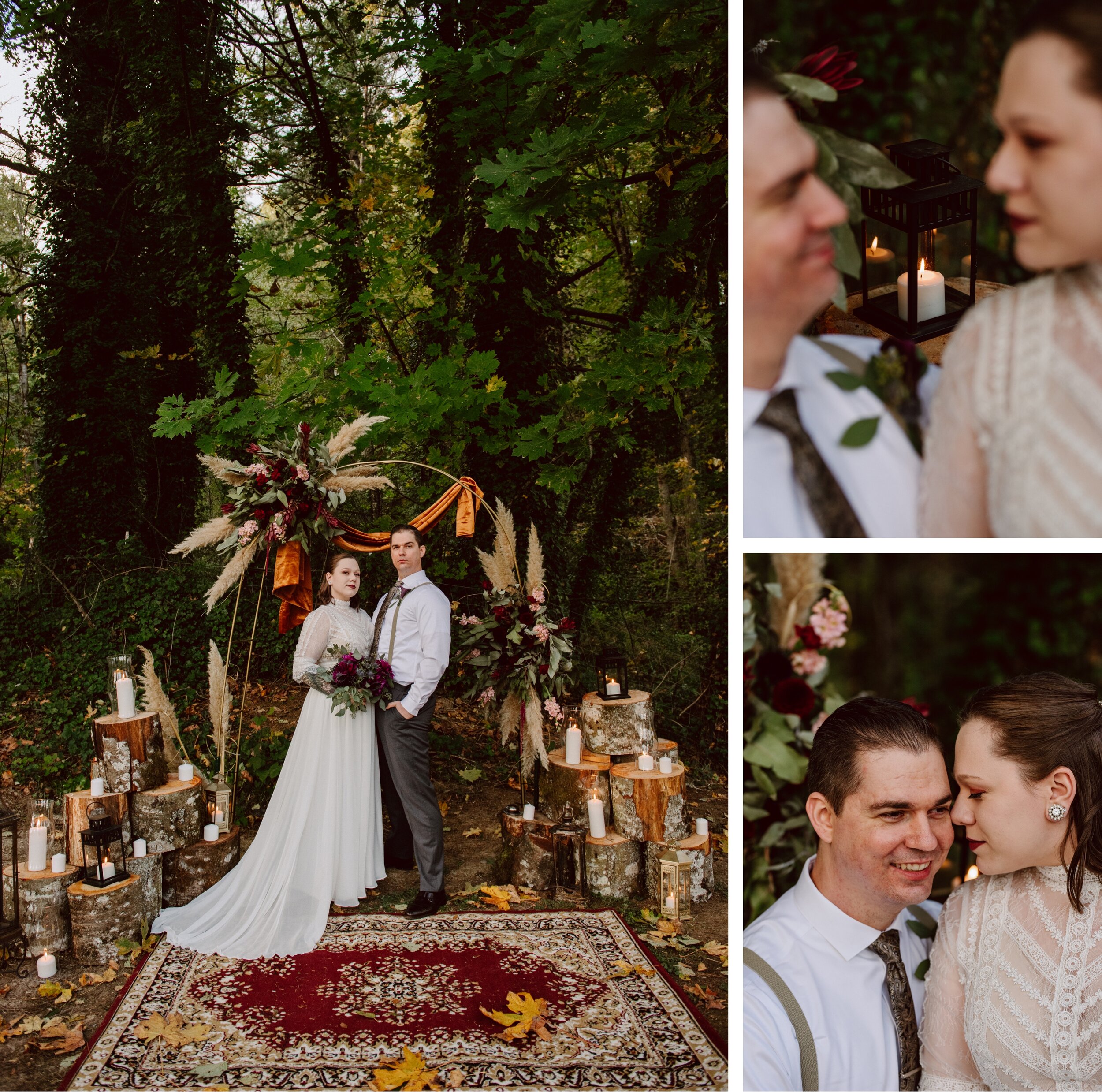 Bride and groom portraits in front of their fall-themed altar after their backyard wedding ceremony