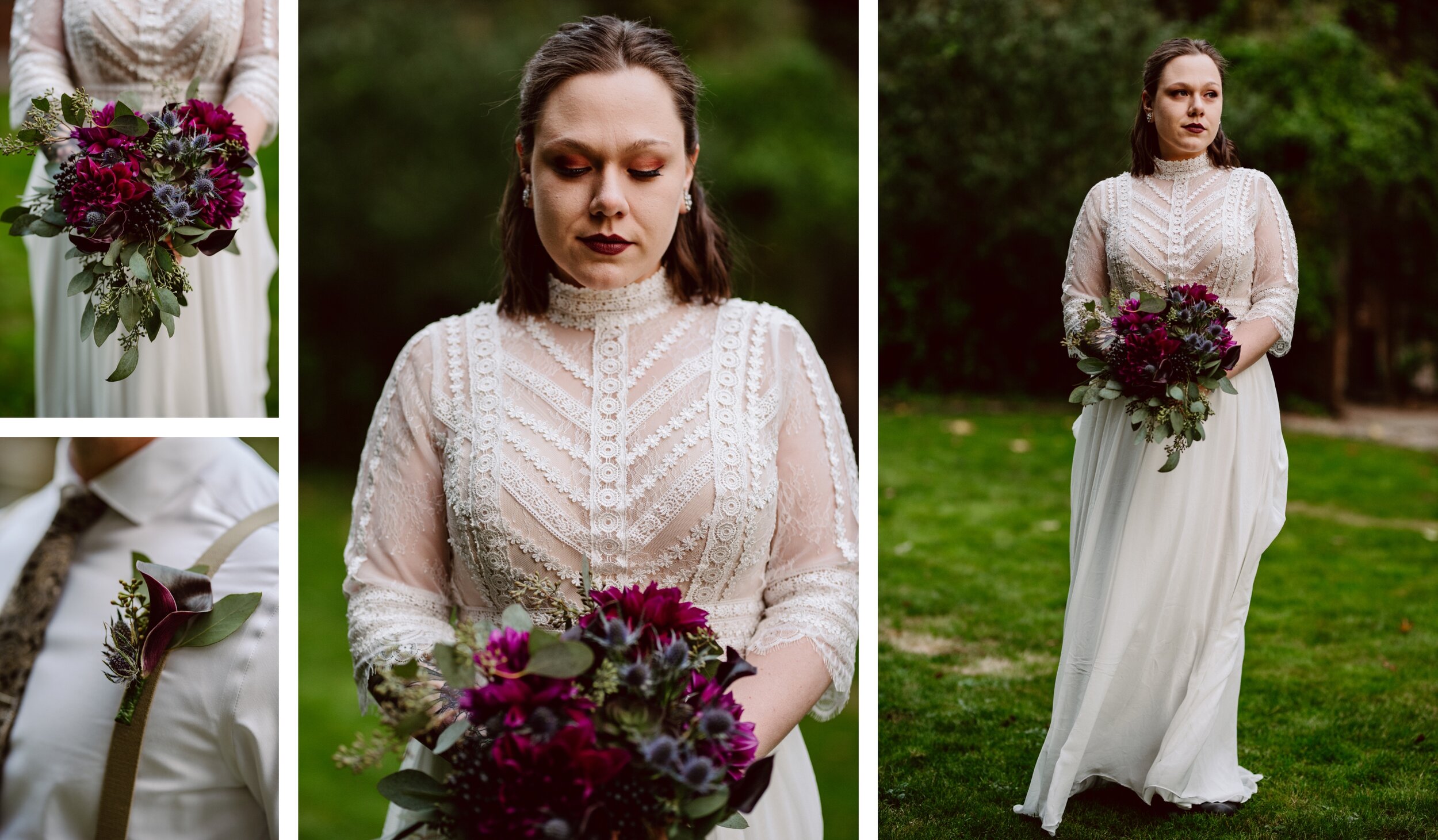 Bride in a lace victorian inspired dress holding a deep purple bouquet while the wind blows her dress