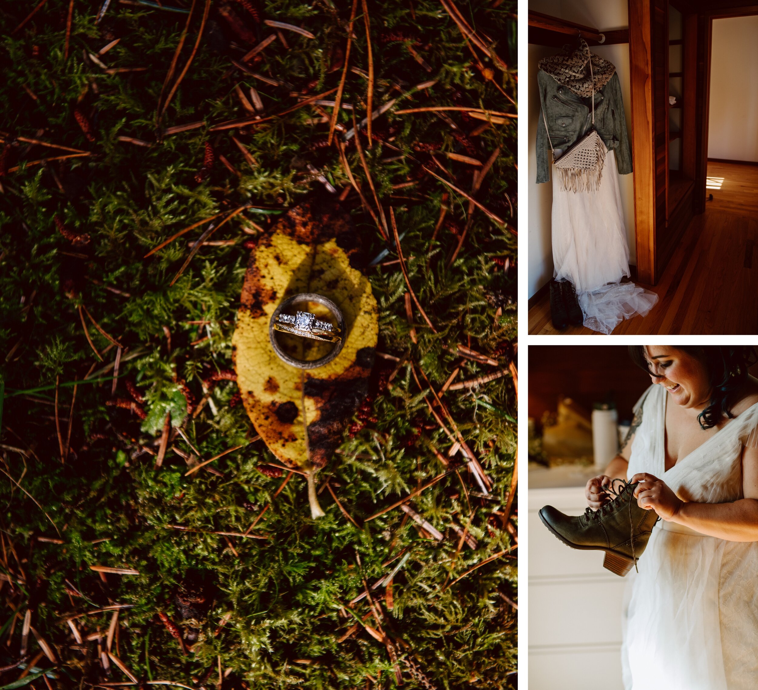 Wedding day details including a close up of a diamond ring against a bright yellow leaf and a dress with jean jacket and faux fur shawl