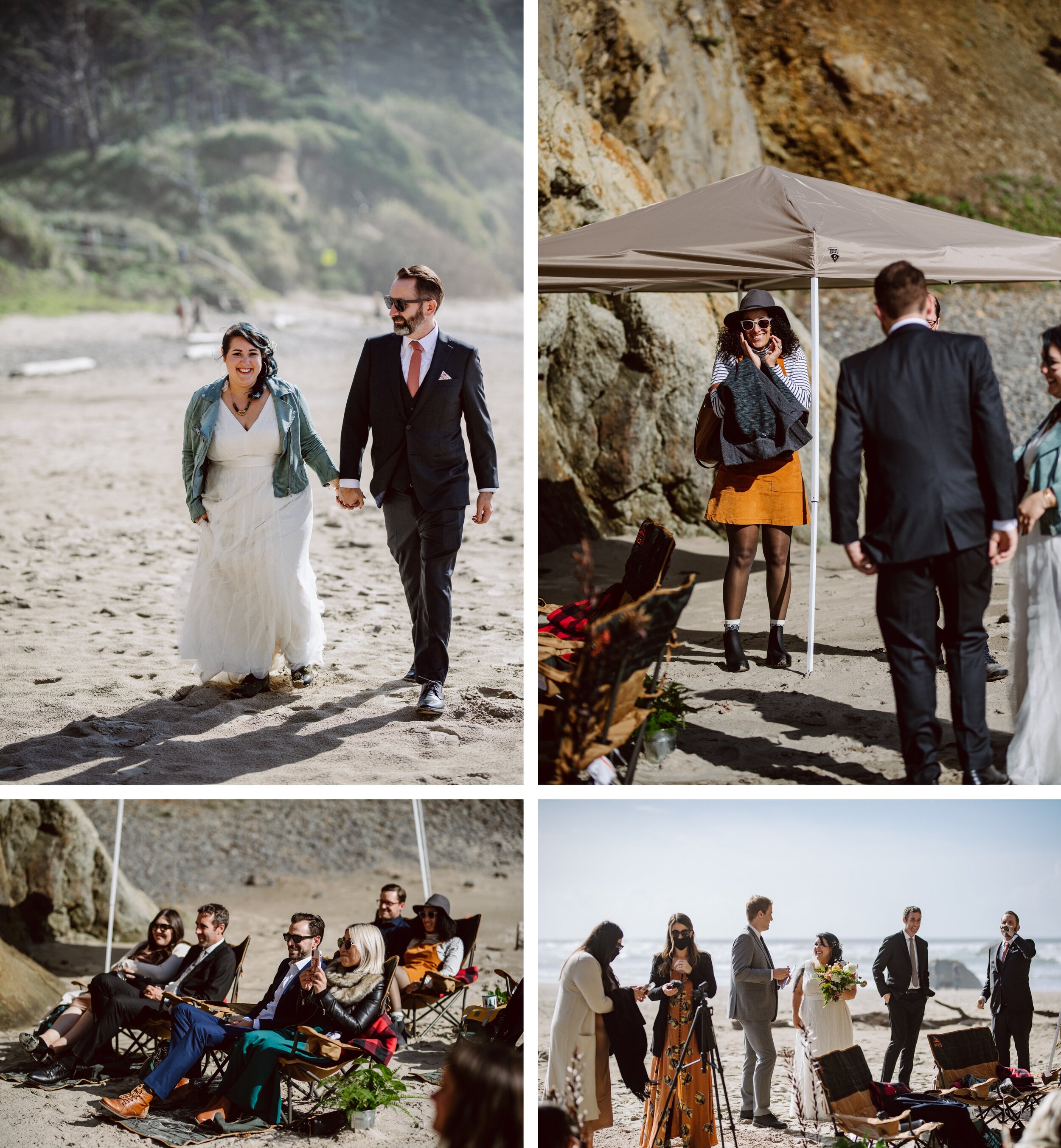 Bride and groom arrive at Hug Point beach for their elopement where a small group of friends greets them
