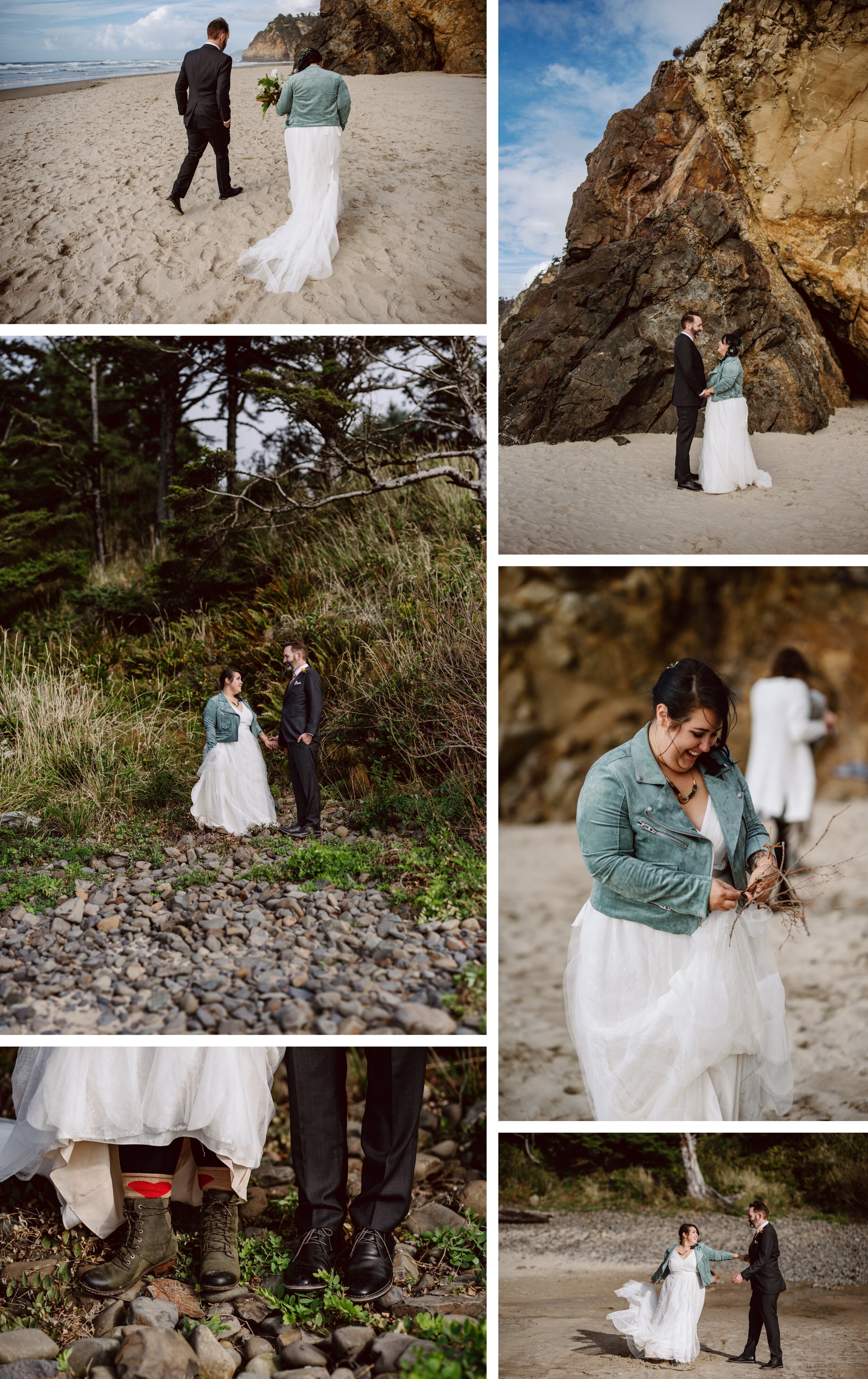 Bride and groom portraits at Hug Point in Oregon for their elopement day
