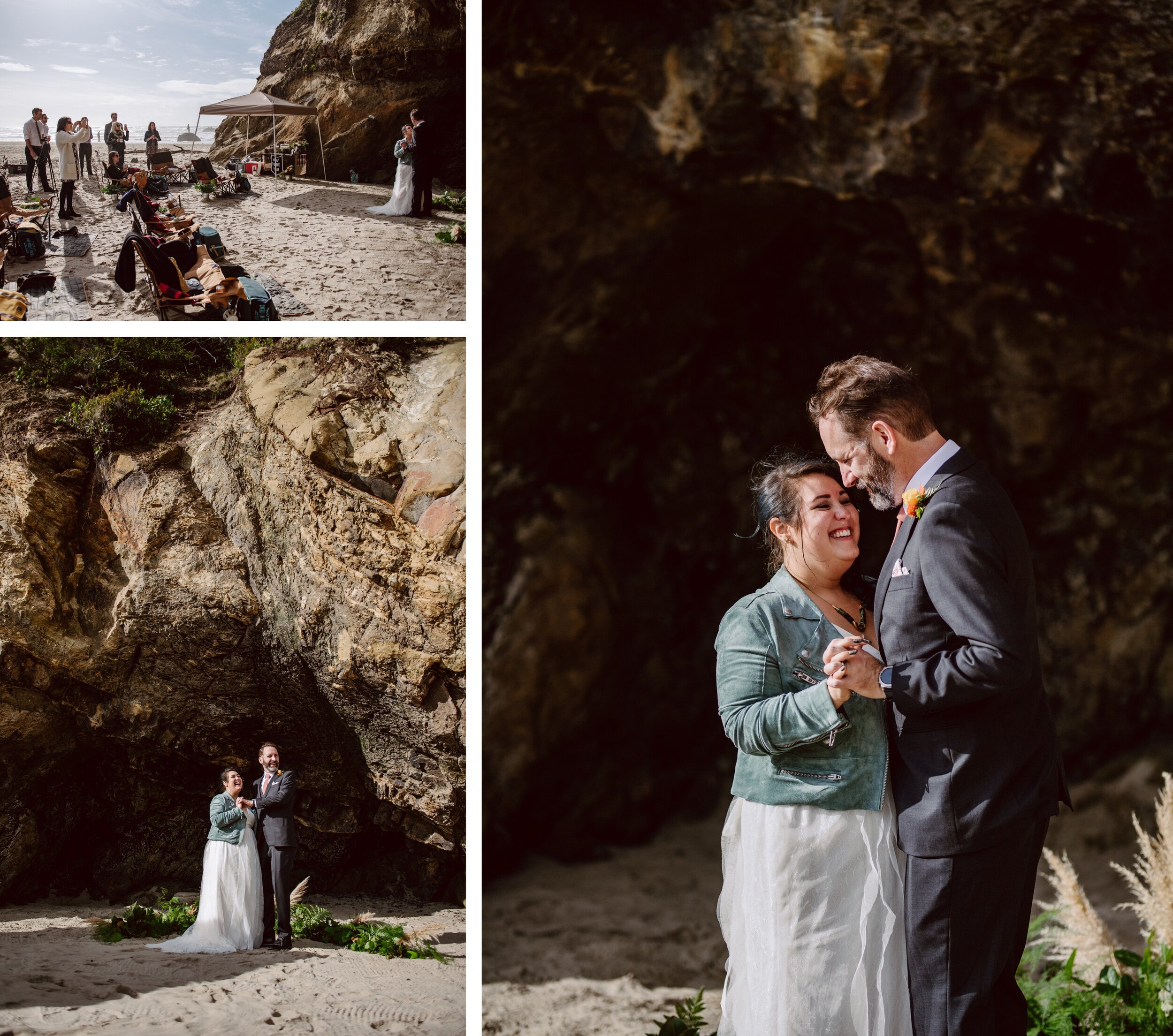 A bride and groom share a first dance on the beach at Hug Point after their elopement