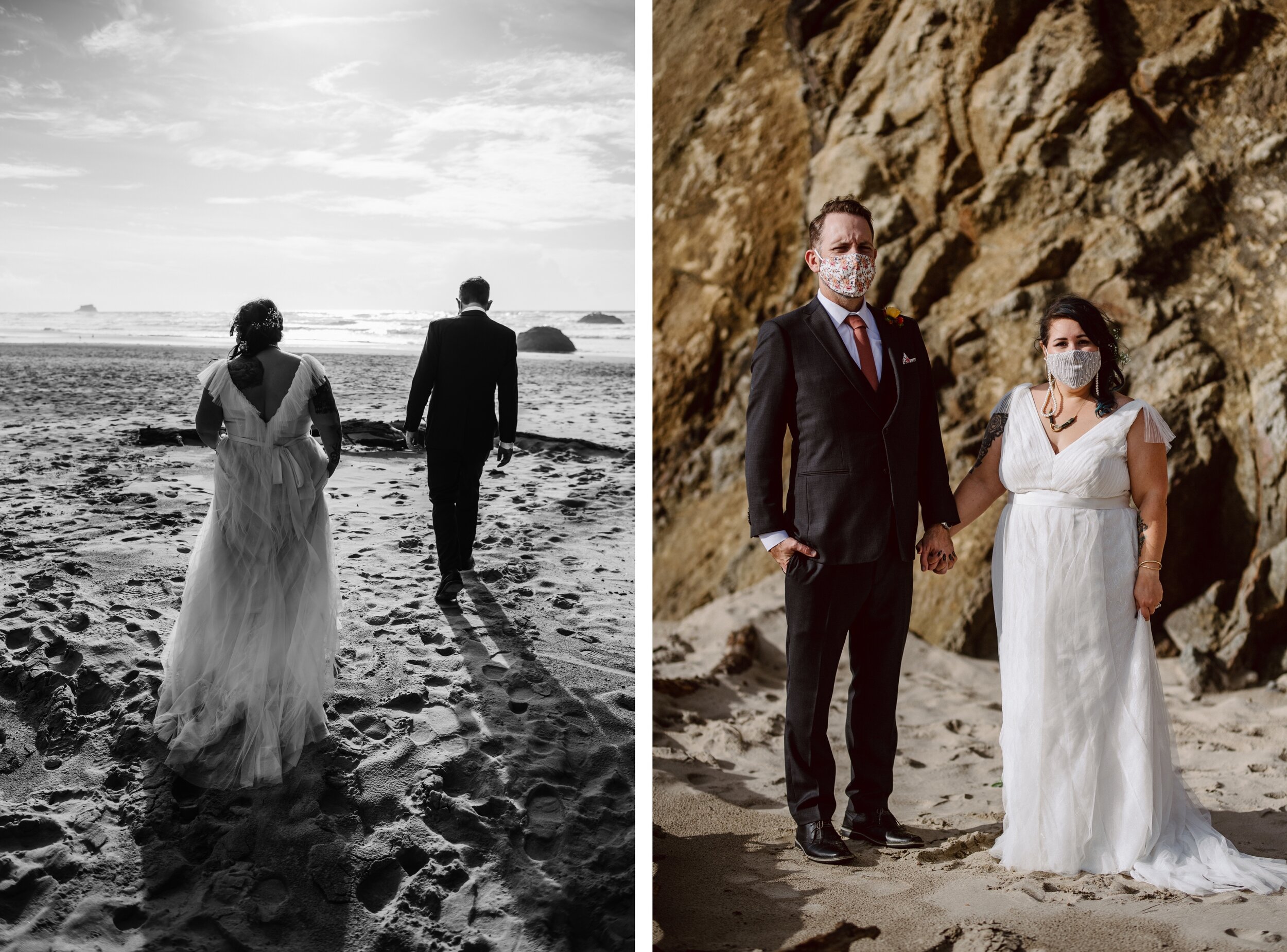 A bride and groom walk on the beach at sunset after their elopement and then pose with stylized masks in front of beach rocks