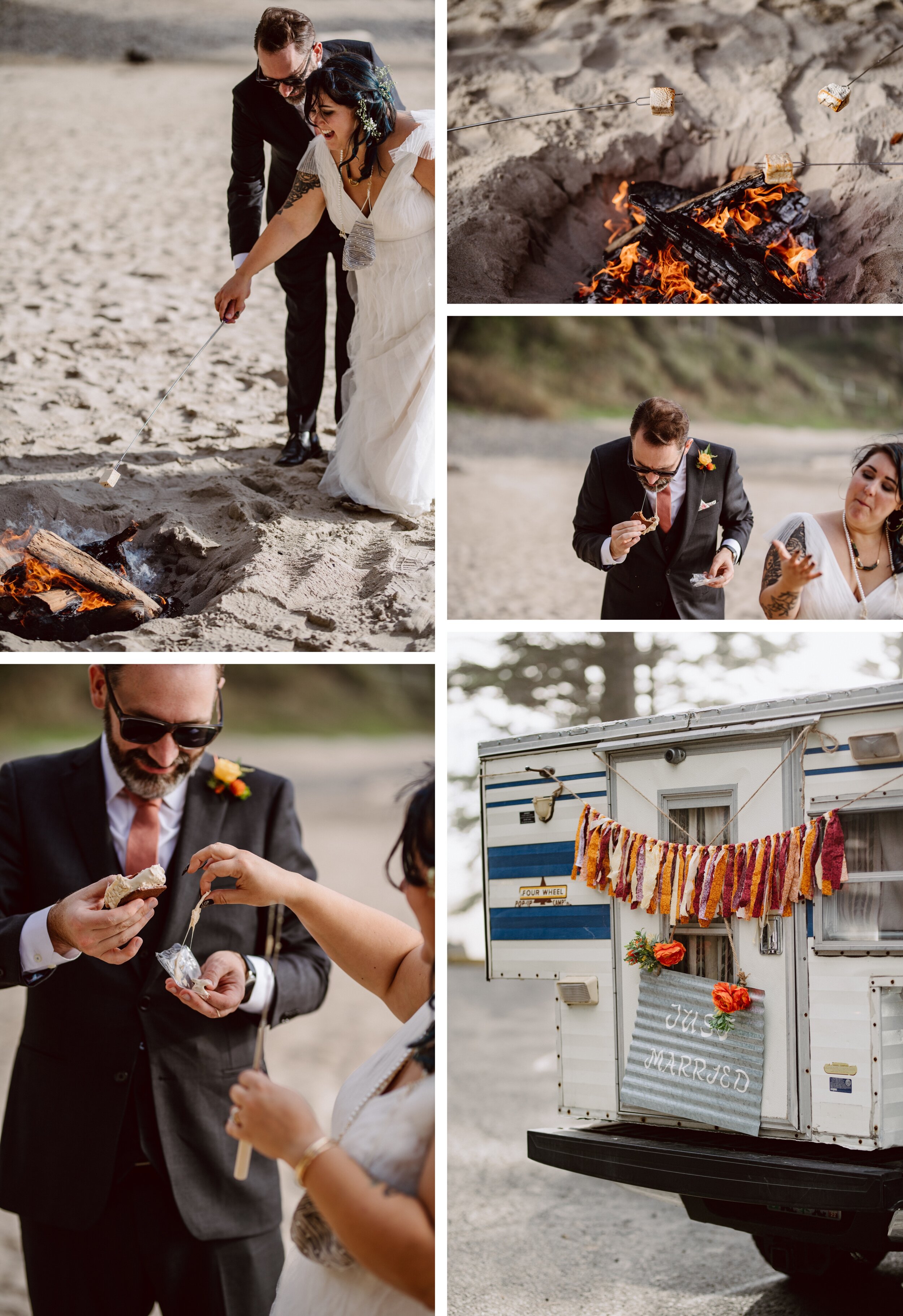 A couple roasts marshmallows over a bonfire on the beach at Hug Point after their elopement