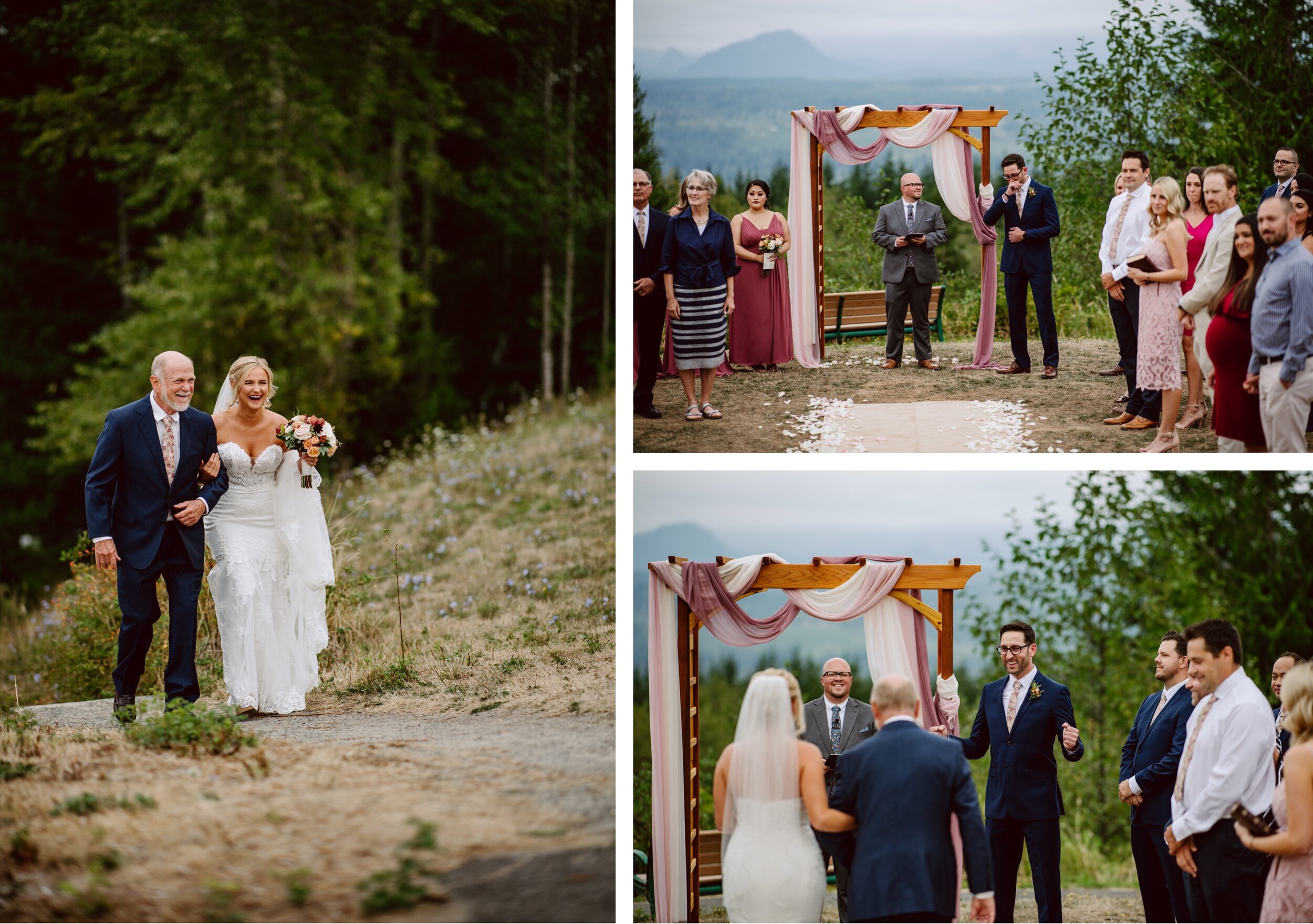 A groom cries and laughs as he sees his bride for the first time as she walks to the altar with her father at Snoqualmie point Park