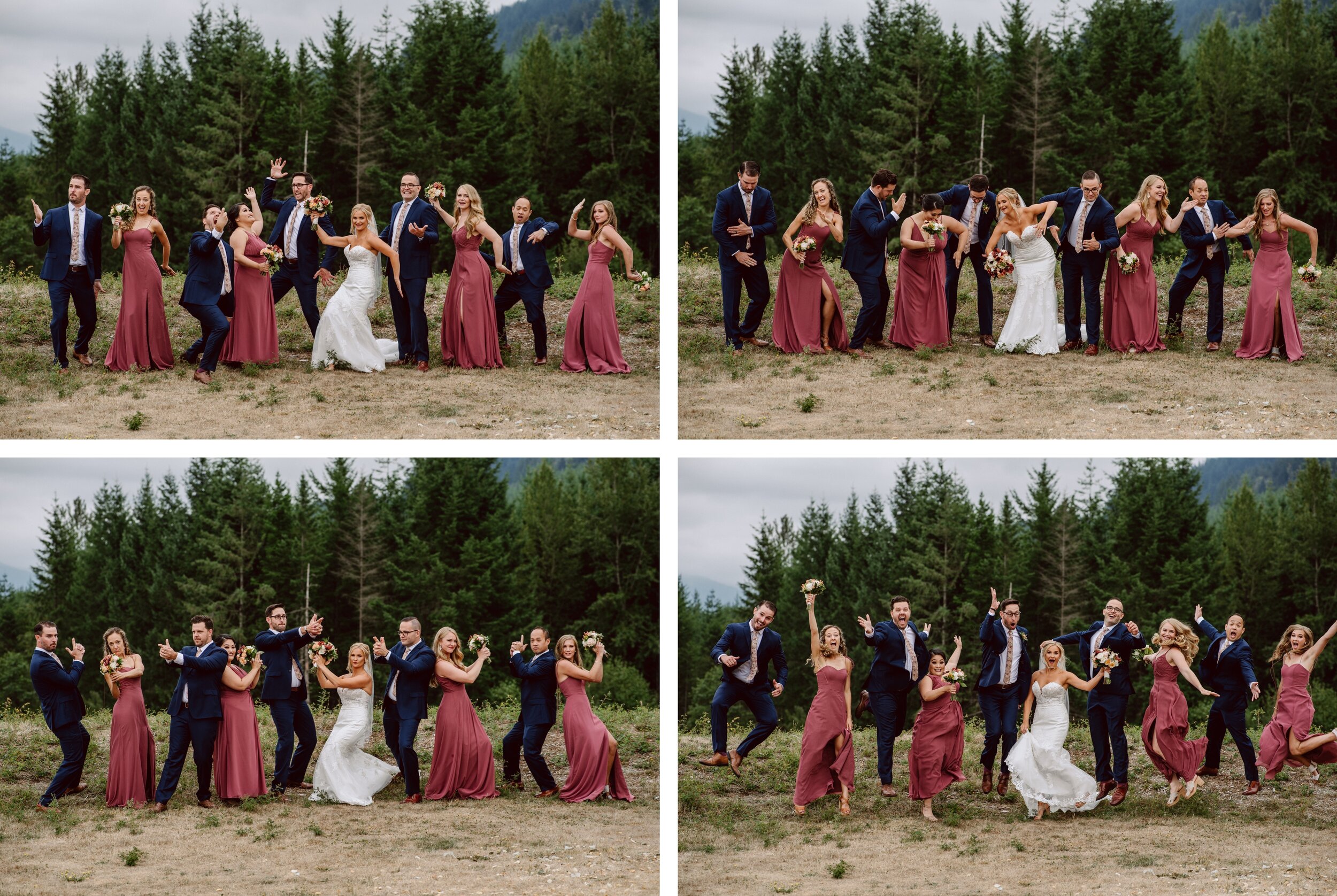 Bride and groom with their wedding party doing several different silly poses