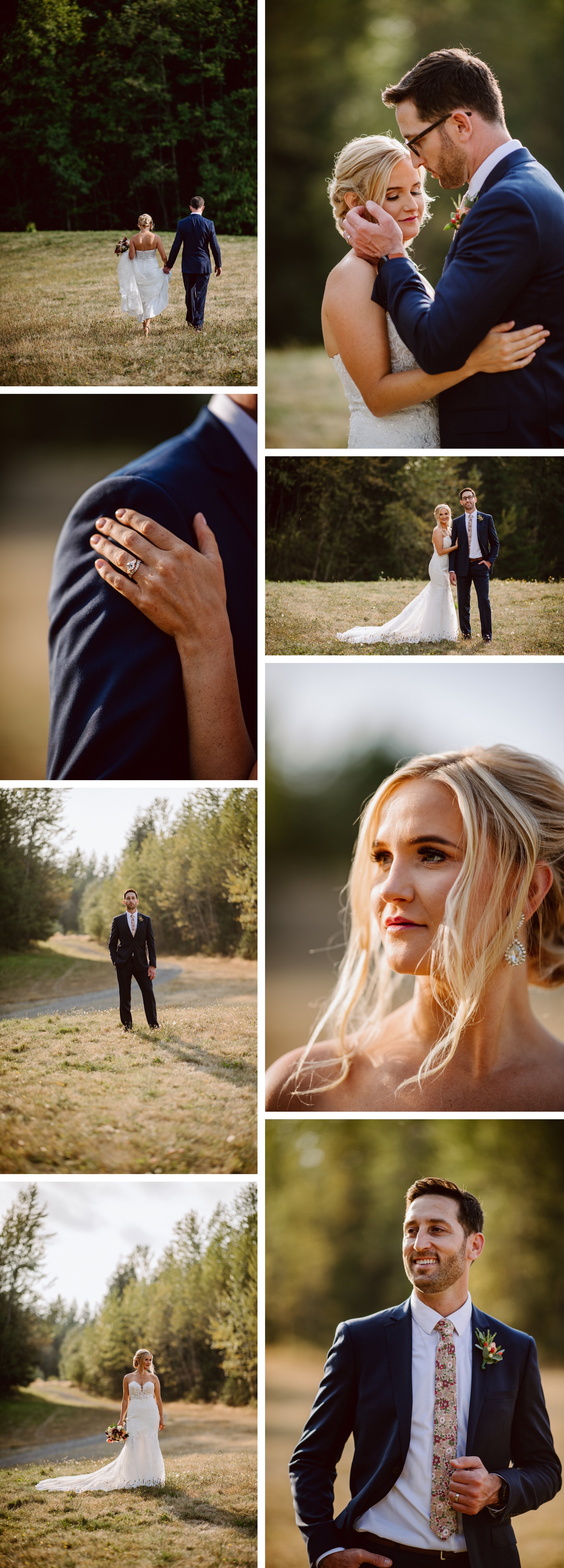 Couples sunset portraits of a bride in a structured lace dress and a groom in a navy colored suit after their wedding ceremony