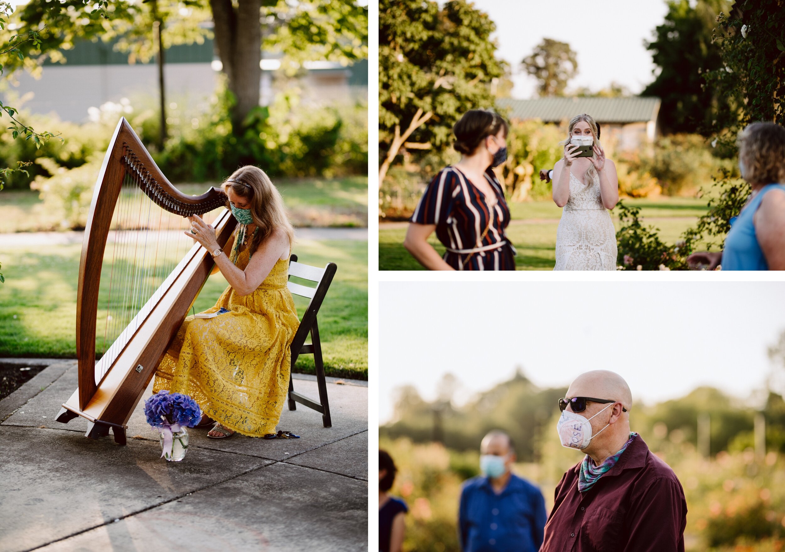 All people masked, one woman playing harp, a bride taking video with her phone, and a man wearing a mask with the name Jose handwritten on it, all of them in a garden in downtown Eugene for an elopement