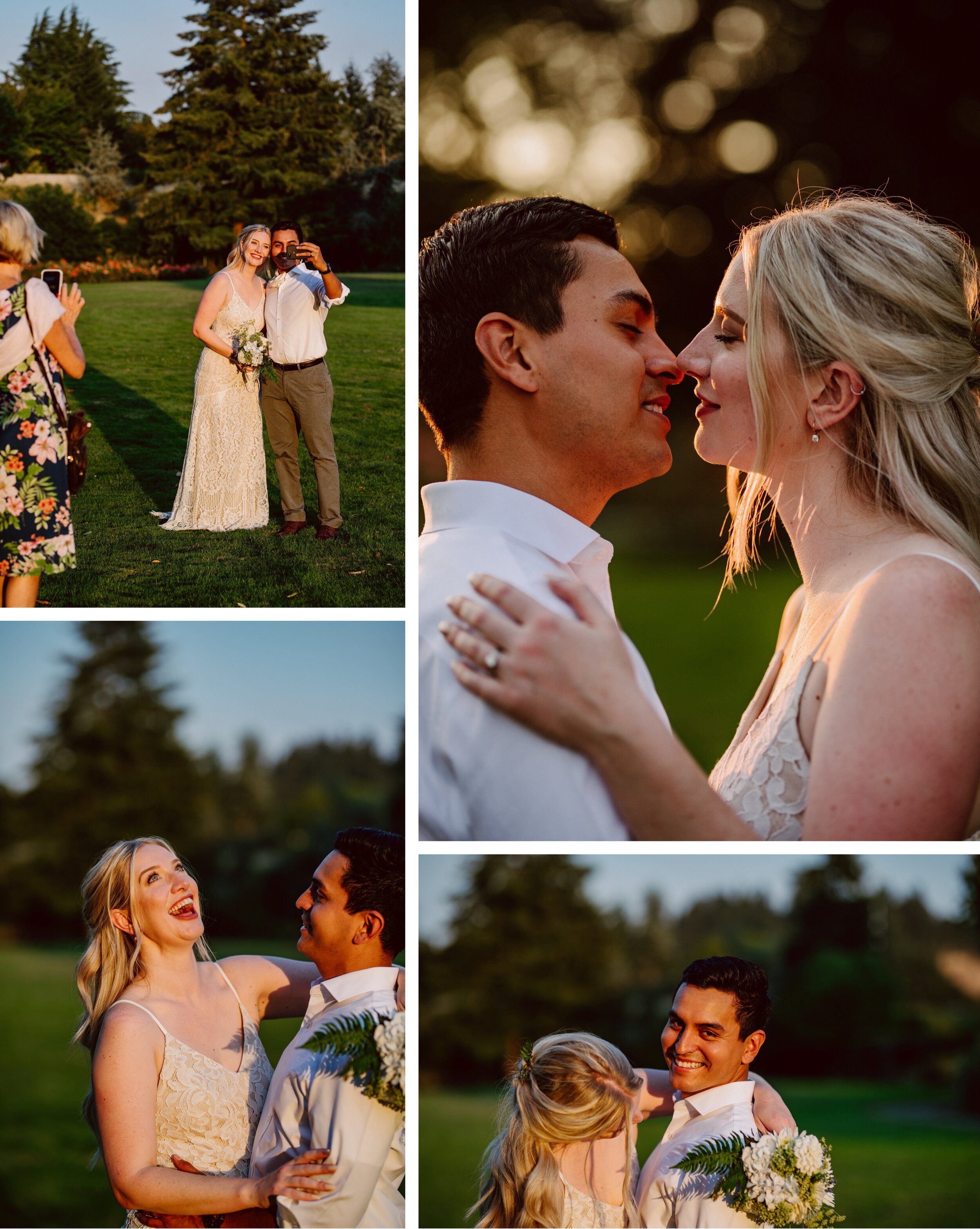 Bride and groom portraits during a golden sunset in a garden in Eugene Oregon