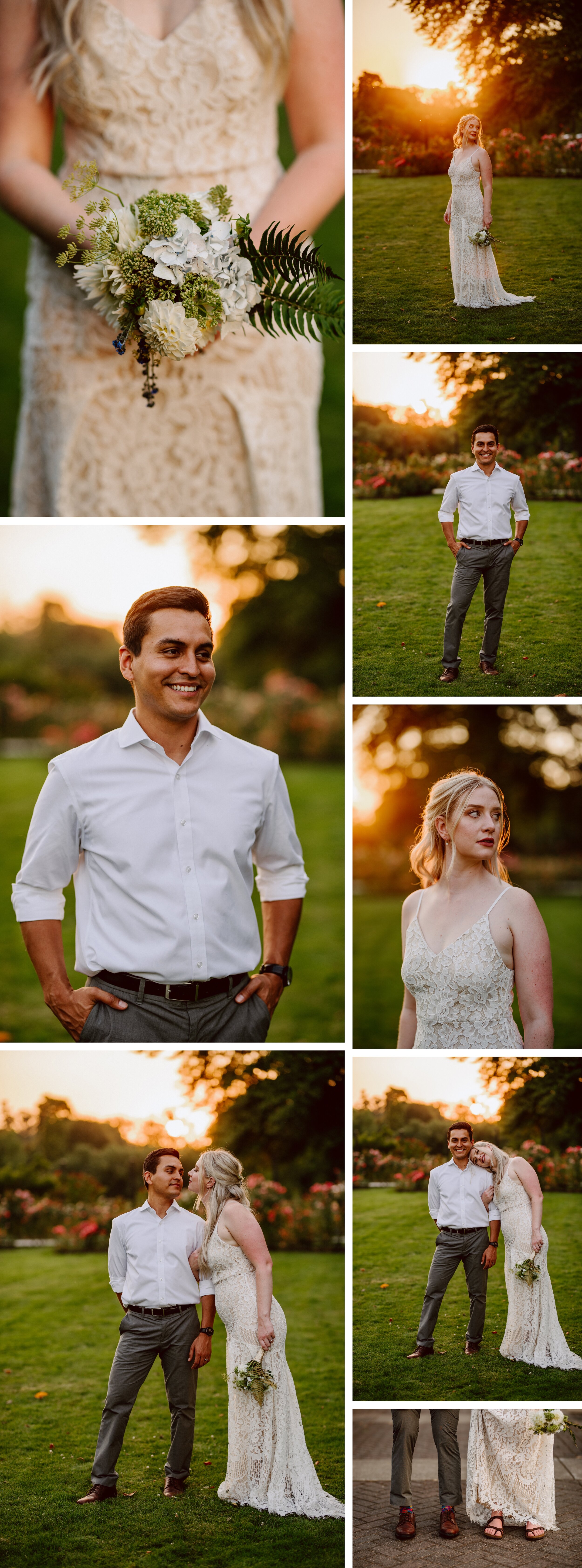 Bride and groom sunset portraits after their garden elopement